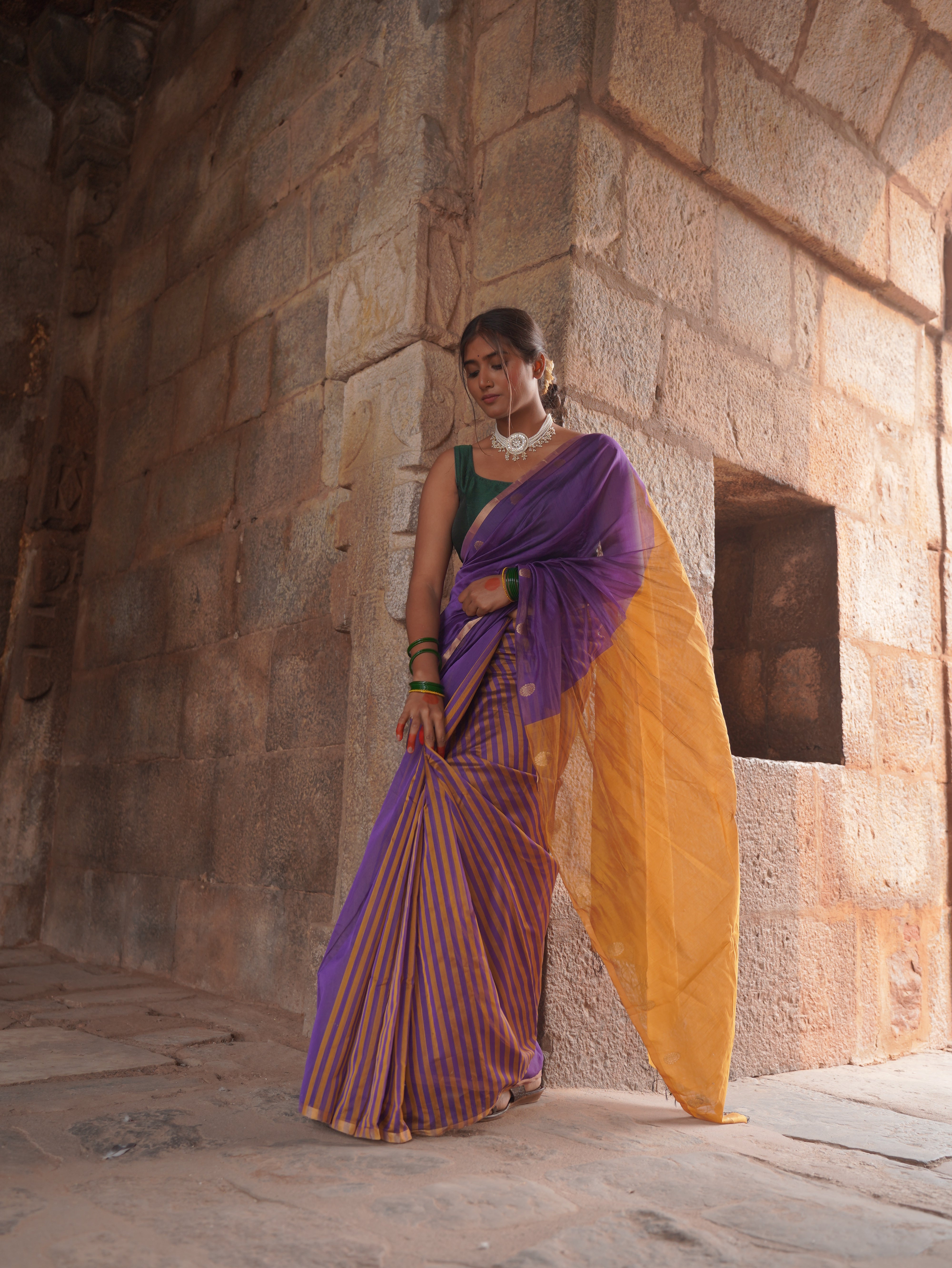 Orchid Glow ā Chanderi Cotton Silk Saree with Stripes & Dot Detailing - Kozylook